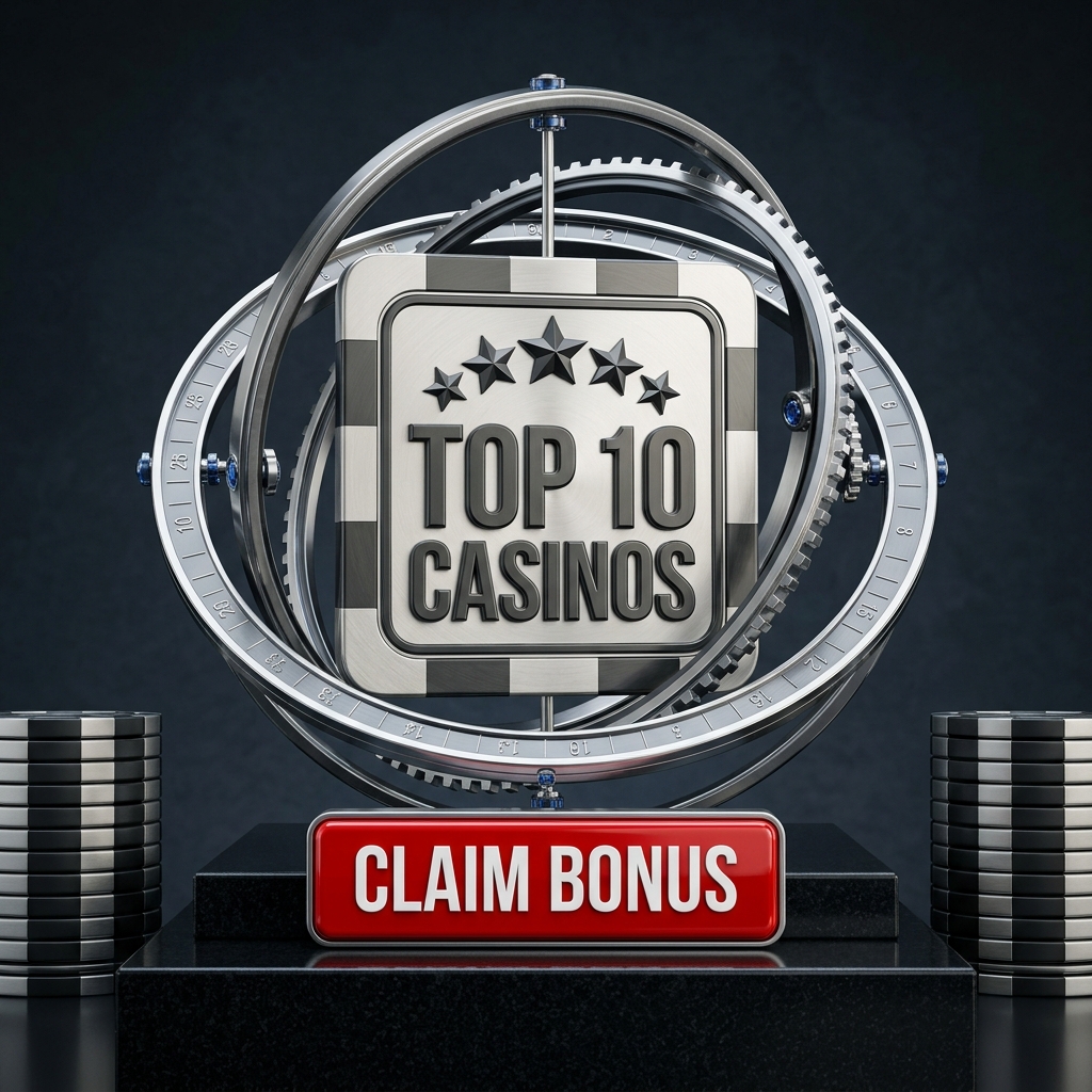 Silver Top 10 Casinos chip in gyroscopic rings above a Claim Bonus sign
